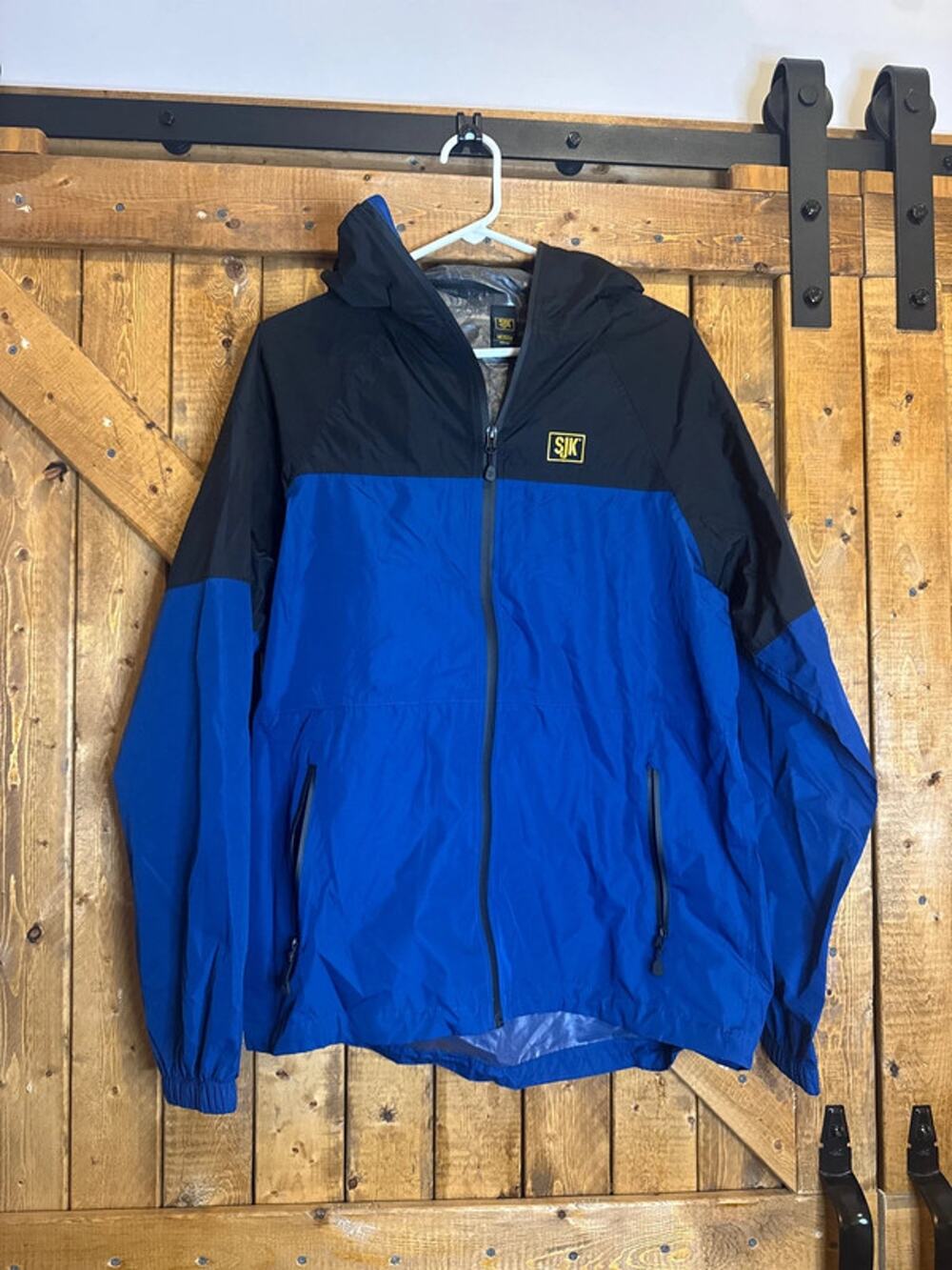 SJK men’s windbreaker, rain, jacket, size medium, blue, black hooded